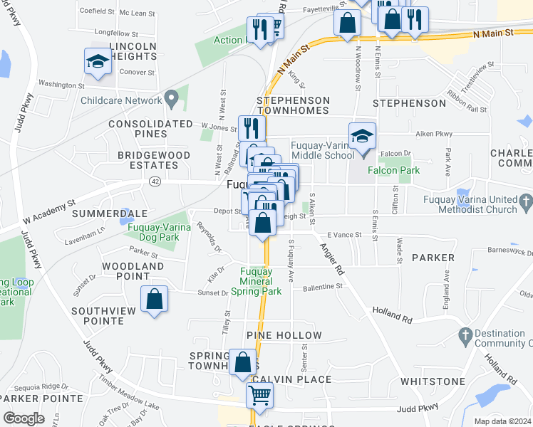 map of restaurants, bars, coffee shops, grocery stores, and more near 101 Raleigh Street in Fuquay-Varina