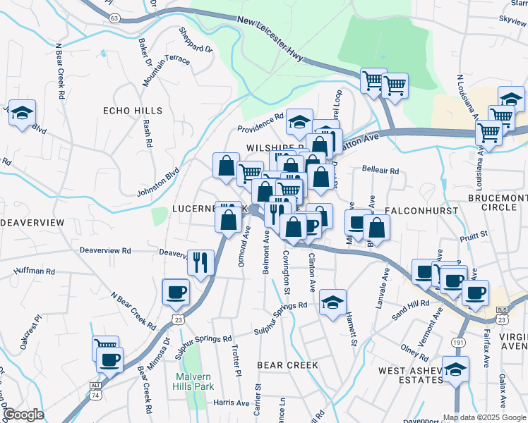 map of restaurants, bars, coffee shops, grocery stores, and more near 1360 Patton Avenue in Asheville