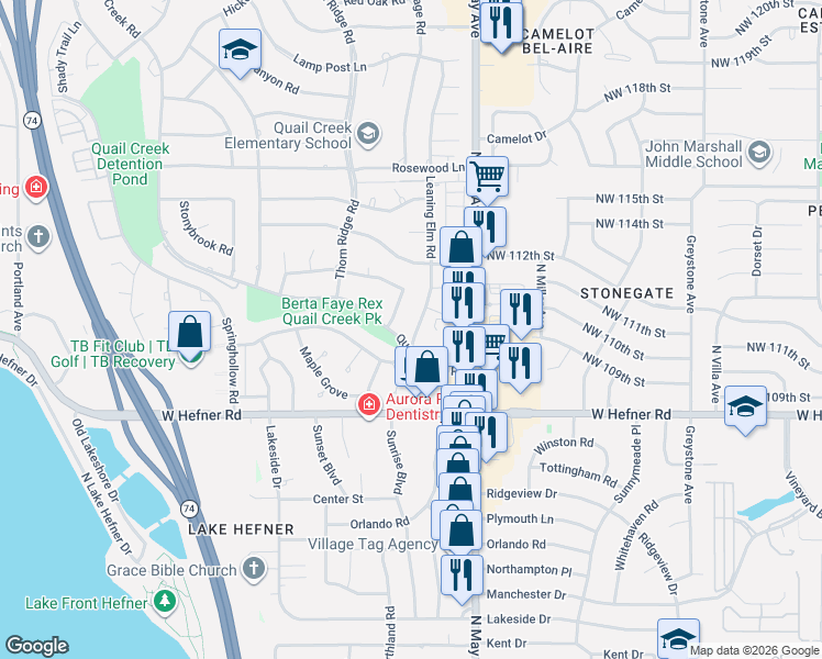 map of restaurants, bars, coffee shops, grocery stores, and more near 11112 Leaning Elm Road in Oklahoma City