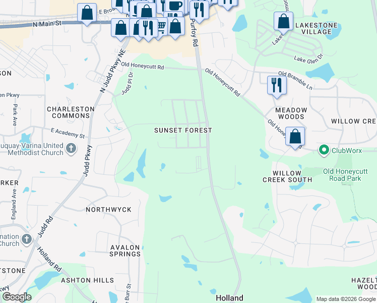 map of restaurants, bars, coffee shops, grocery stores, and more near 1412 East Stonemason Drive in Fuquay-Varina