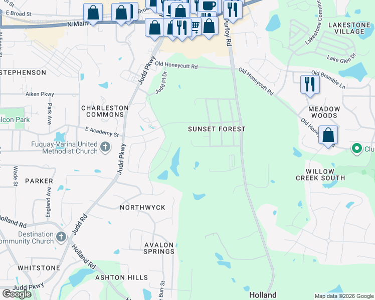 map of restaurants, bars, coffee shops, grocery stores, and more near 1308 East Stonemason Drive in Fuquay-Varina