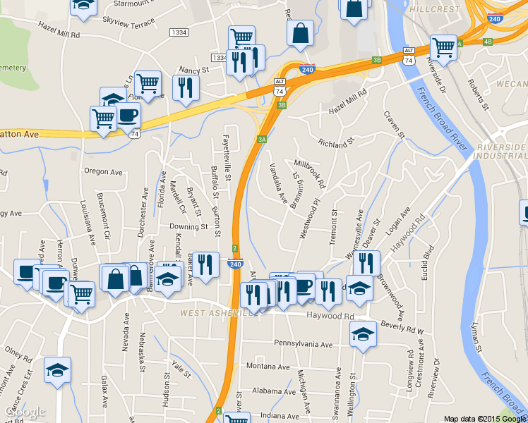map of restaurants, bars, coffee shops, grocery stores, and more near 39 Wilmington St in Asheville