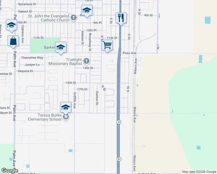 map of restaurants, bars, coffee shops, grocery stores, and more near 828 Stephen Court in Wasco