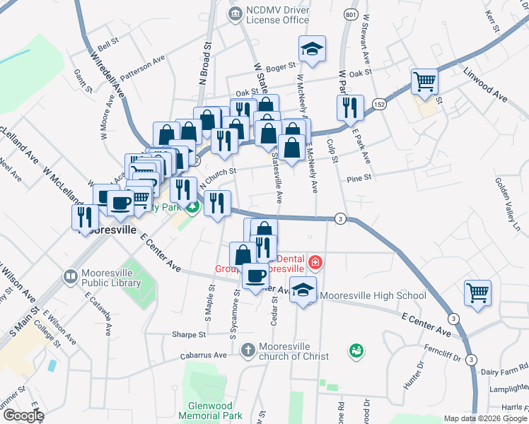 map of restaurants, bars, coffee shops, grocery stores, and more near 520 East Iredell Avenue in Mooresville