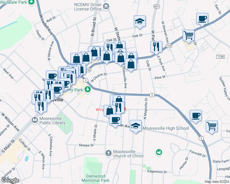 map of restaurants, bars, coffee shops, grocery stores, and more near 520 E Iredell Ave in Mooresville