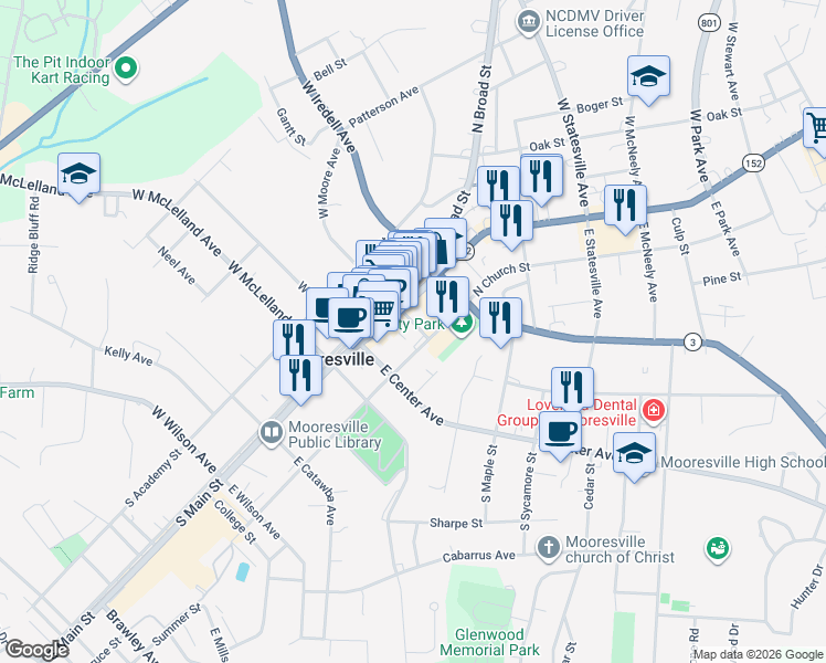 map of restaurants, bars, coffee shops, grocery stores, and more near 141 East Moore Avenue in Mooresville