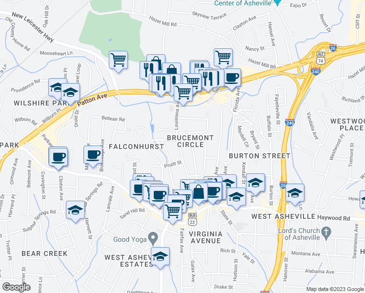 map of restaurants, bars, coffee shops, grocery stores, and more near 135 Louisiana Avenue in Asheville