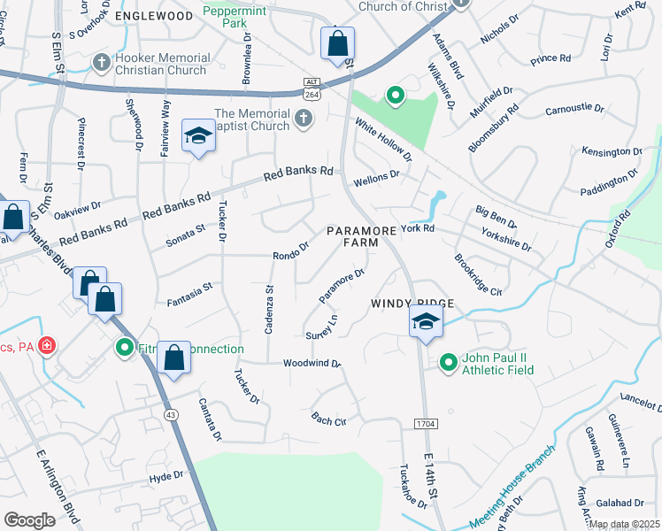 map of restaurants, bars, coffee shops, grocery stores, and more near 1803 Rondo Drive in Greenville
