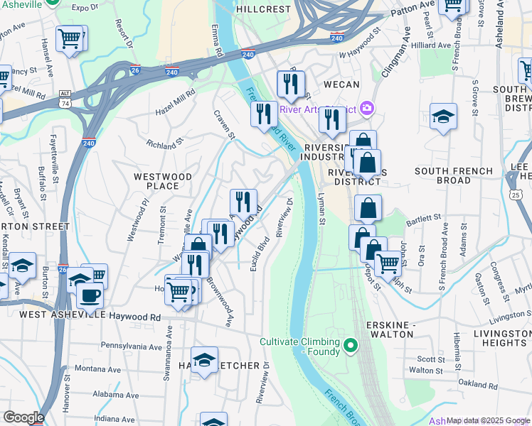 map of restaurants, bars, coffee shops, grocery stores, and more near 12 Riverlink Lane in Asheville