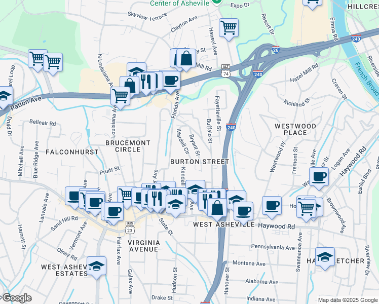 map of restaurants, bars, coffee shops, grocery stores, and more near 21 Mardell Circle in Asheville