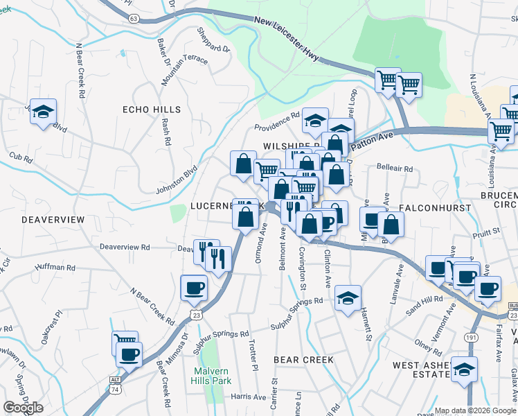 map of restaurants, bars, coffee shops, grocery stores, and more near 1375 Patton Ave in Asheville