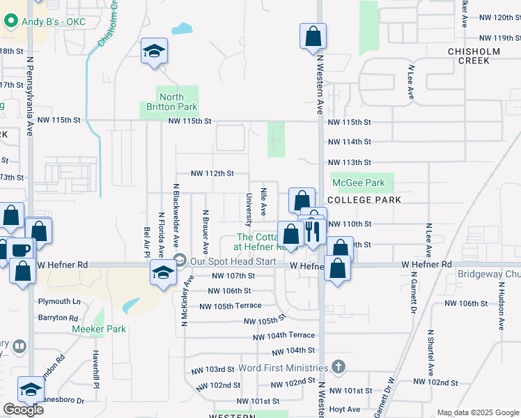 map of restaurants, bars, coffee shops, grocery stores, and more near 11210 Nile Avenue in Oklahoma City