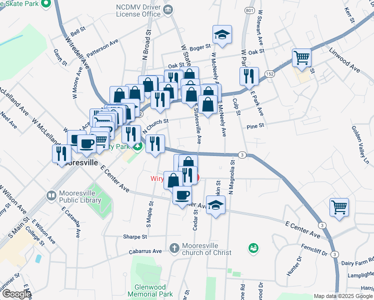map of restaurants, bars, coffee shops, grocery stores, and more near 530 East Iredell Avenue in Mooresville