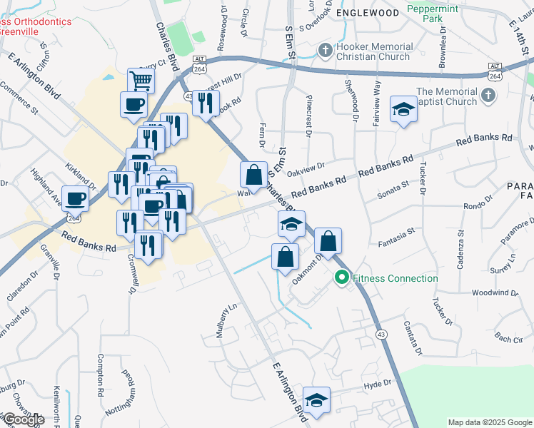 map of restaurants, bars, coffee shops, grocery stores, and more near 1026 Red Banks Road in Greenville