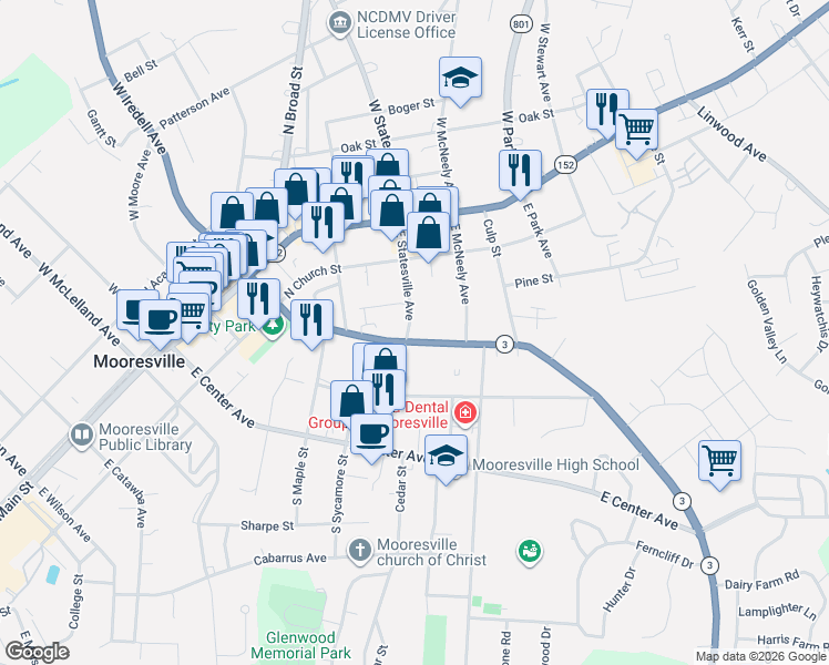map of restaurants, bars, coffee shops, grocery stores, and more near 604 East Iredell Avenue in Mooresville