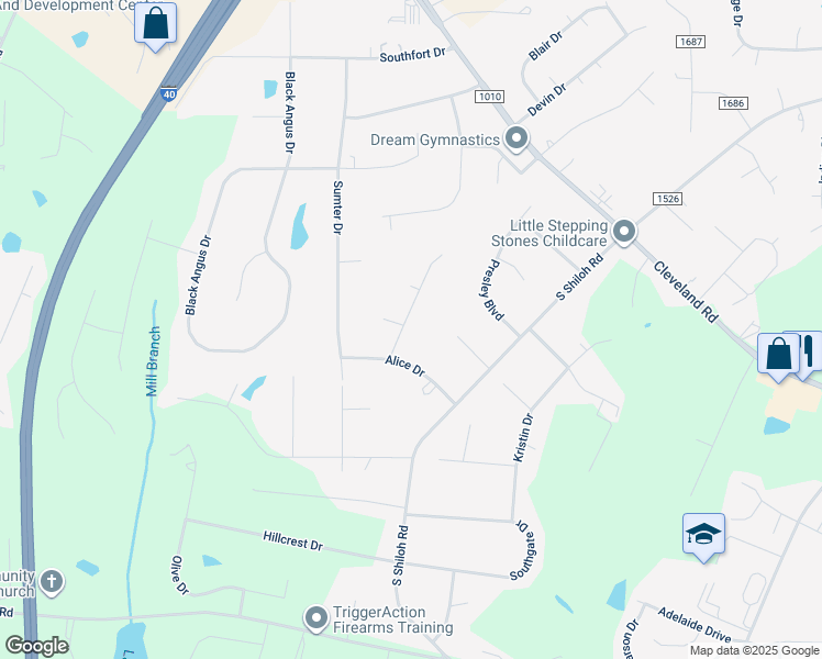 map of restaurants, bars, coffee shops, grocery stores, and more near 88 Audrey Circle in Garner