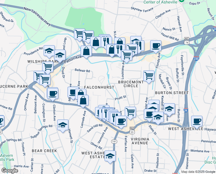 map of restaurants, bars, coffee shops, grocery stores, and more near 65 Tanglewood Drive in Asheville