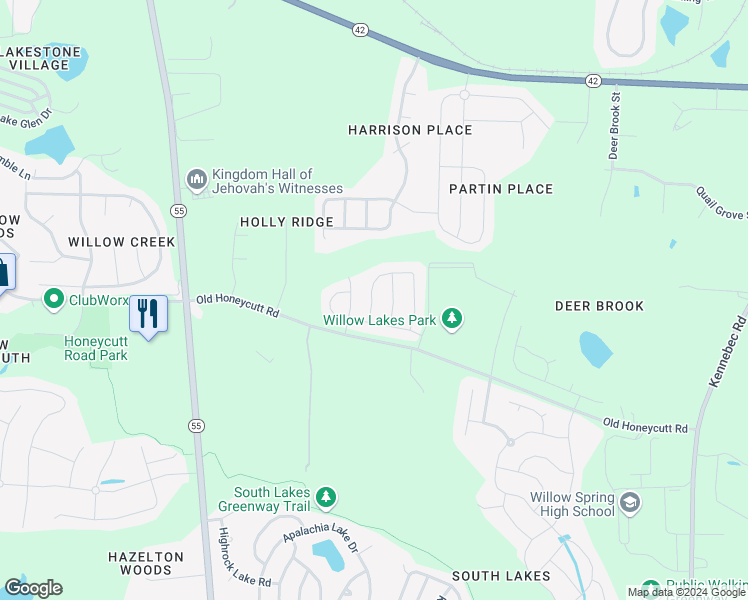 map of restaurants, bars, coffee shops, grocery stores, and more near 1339 Old Honeycutt Road in Fuquay-Varina