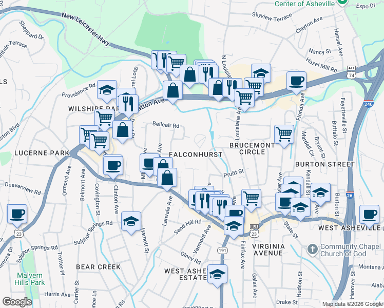map of restaurants, bars, coffee shops, grocery stores, and more near 93 Craggy Avenue in Asheville