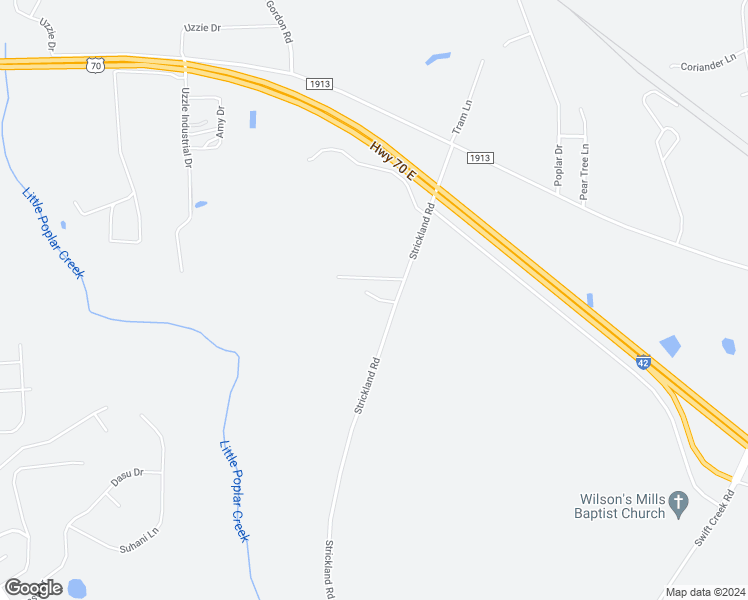 map of restaurants, bars, coffee shops, grocery stores, and more near 1575 Strickland Road in Clayton