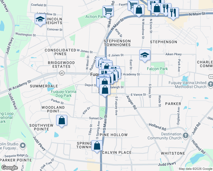 map of restaurants, bars, coffee shops, grocery stores, and more near 101 Raleigh Street in Fuquay-Varina
