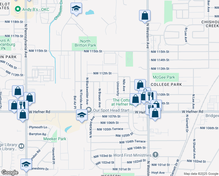 map of restaurants, bars, coffee shops, grocery stores, and more near 1214 Howard Drive in Oklahoma City