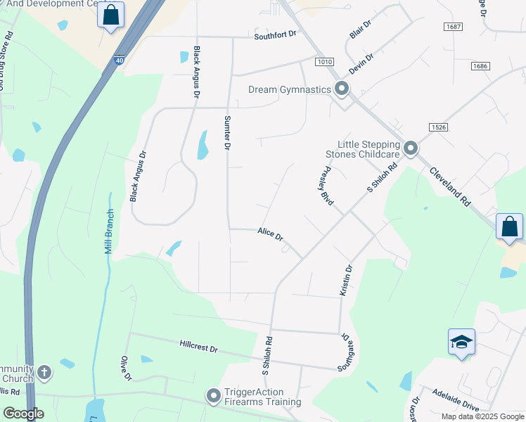 map of restaurants, bars, coffee shops, grocery stores, and more near 21 Reagan Court in Garner