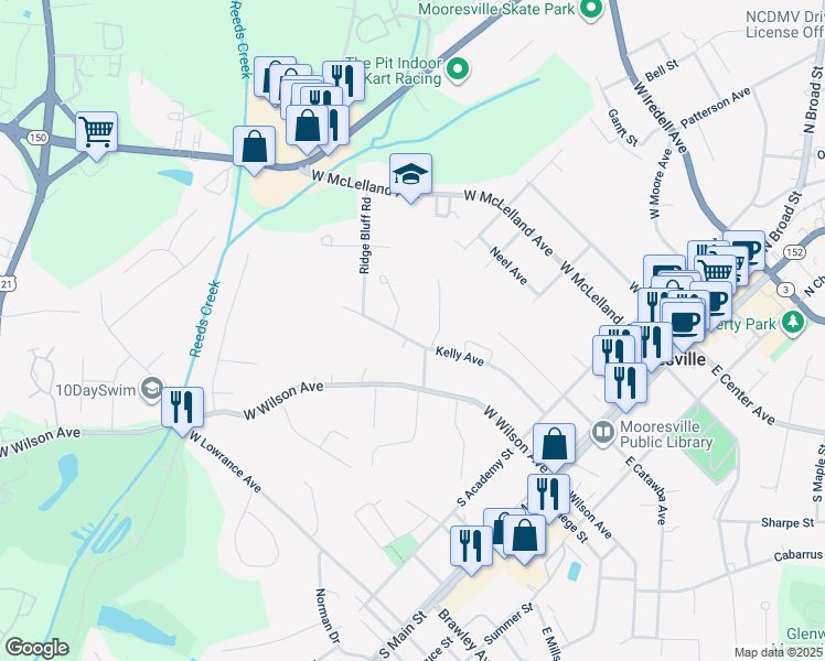 map of restaurants, bars, coffee shops, grocery stores, and more near 517 Kelly Avenue in Mooresville