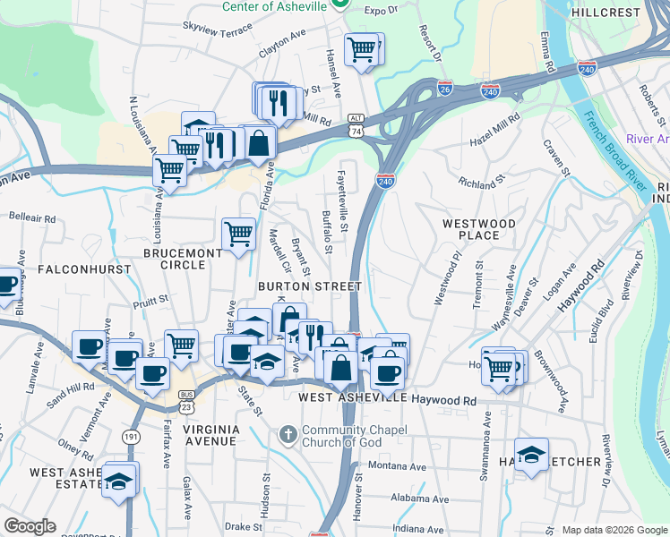 map of restaurants, bars, coffee shops, grocery stores, and more near 1 Buffalo Street in Asheville