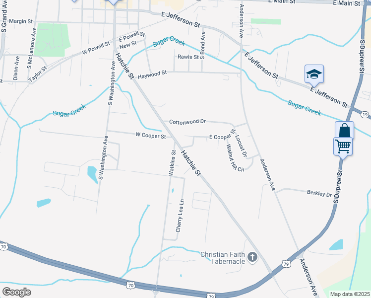 map of restaurants, bars, coffee shops, grocery stores, and more near 1124 Hatchie Street in Brownsville