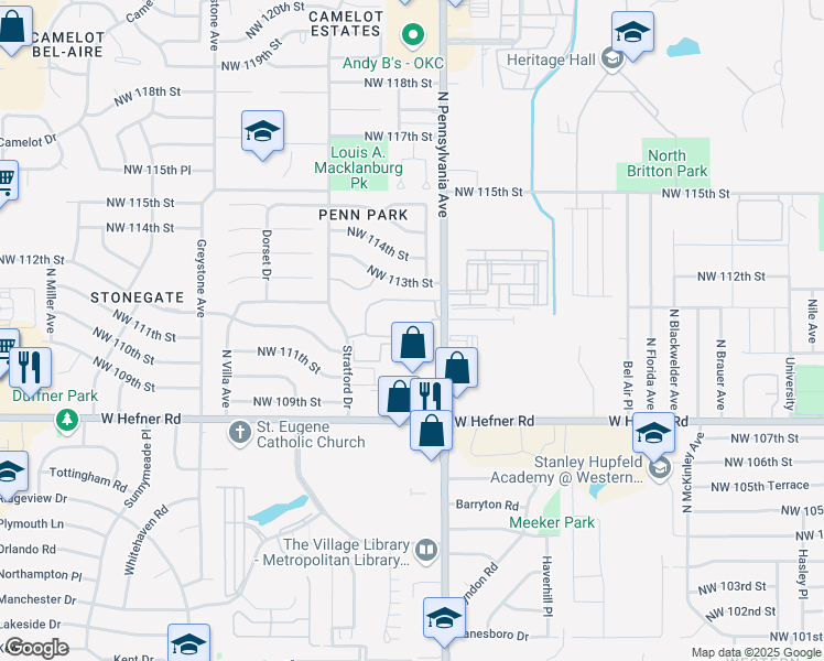map of restaurants, bars, coffee shops, grocery stores, and more near 11211 North Pennsylvania Avenue in Oklahoma City