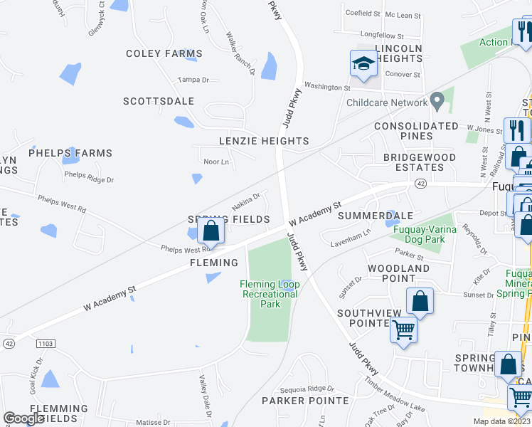 map of restaurants, bars, coffee shops, grocery stores, and more near 317 Cameronwood Drive in Fuquay Varina