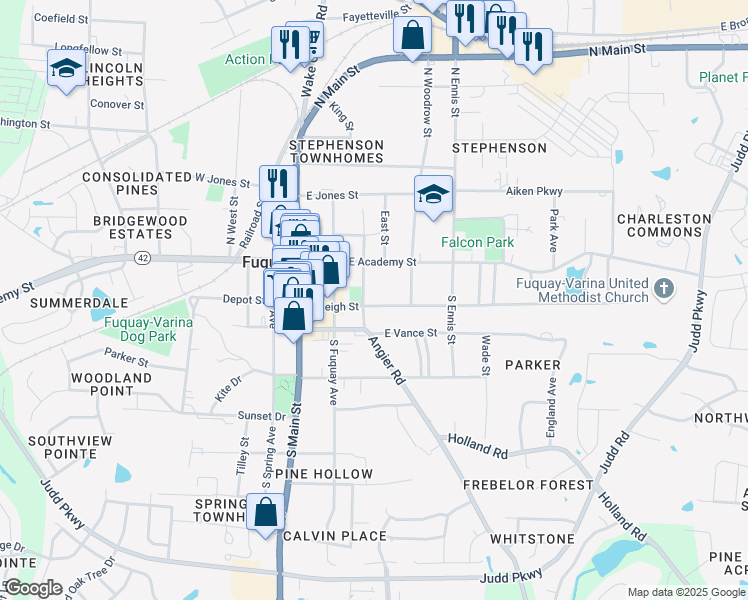 map of restaurants, bars, coffee shops, grocery stores, and more near 305 Raleigh Street in Fuquay Varina