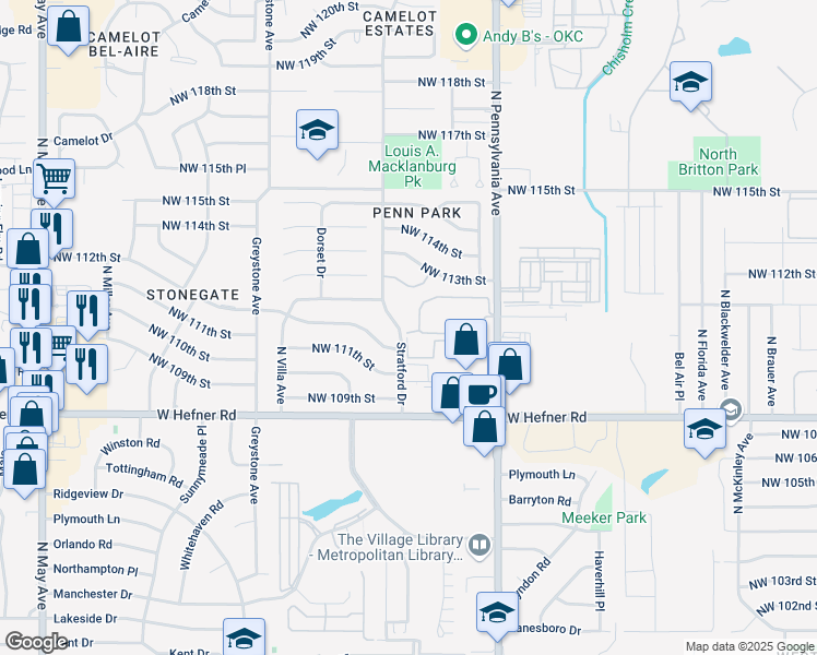 map of restaurants, bars, coffee shops, grocery stores, and more near 11202 Stratford Drive in Oklahoma City