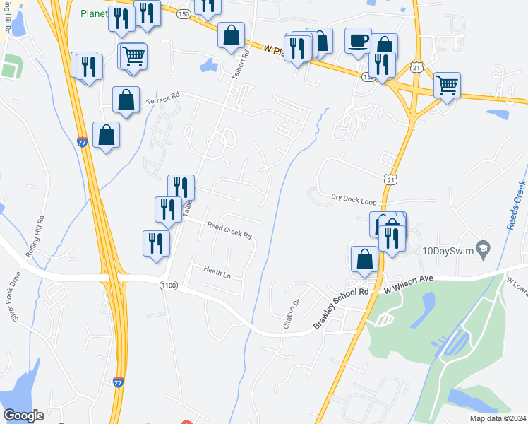 map of restaurants, bars, coffee shops, grocery stores, and more near 102 Easy Street in Mooresville