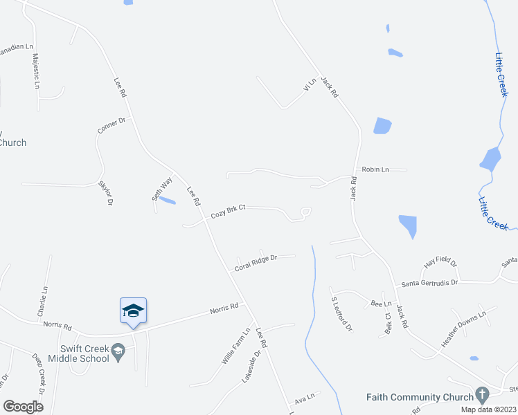 map of restaurants, bars, coffee shops, grocery stores, and more near Cozy Brook Court in Johnston County