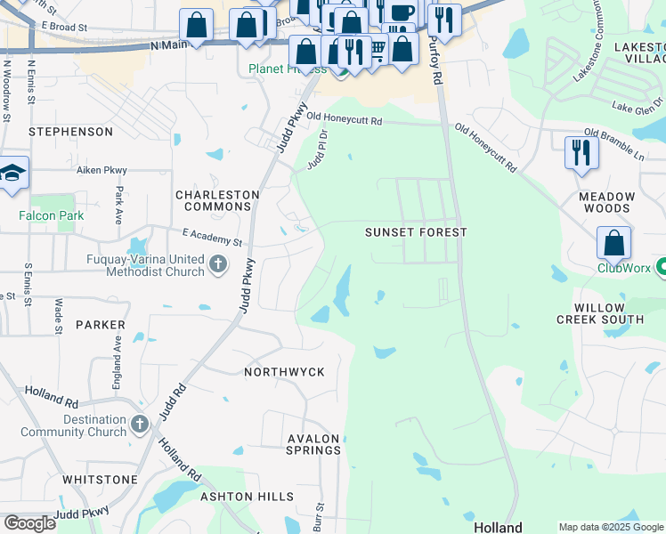map of restaurants, bars, coffee shops, grocery stores, and more near 260 Bramblehill Drive in Fuquay-Varina