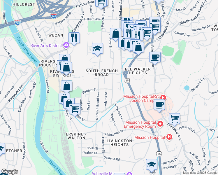 map of restaurants, bars, coffee shops, grocery stores, and more near 39 Bartlett Street in Asheville