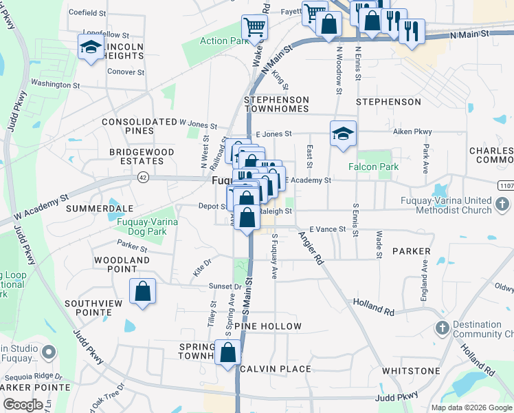 map of restaurants, bars, coffee shops, grocery stores, and more near 101 Raleigh Street in Fuquay-Varina