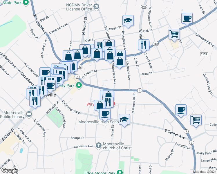 map of restaurants, bars, coffee shops, grocery stores, and more near 520 East Iredell Avenue in Mooresville