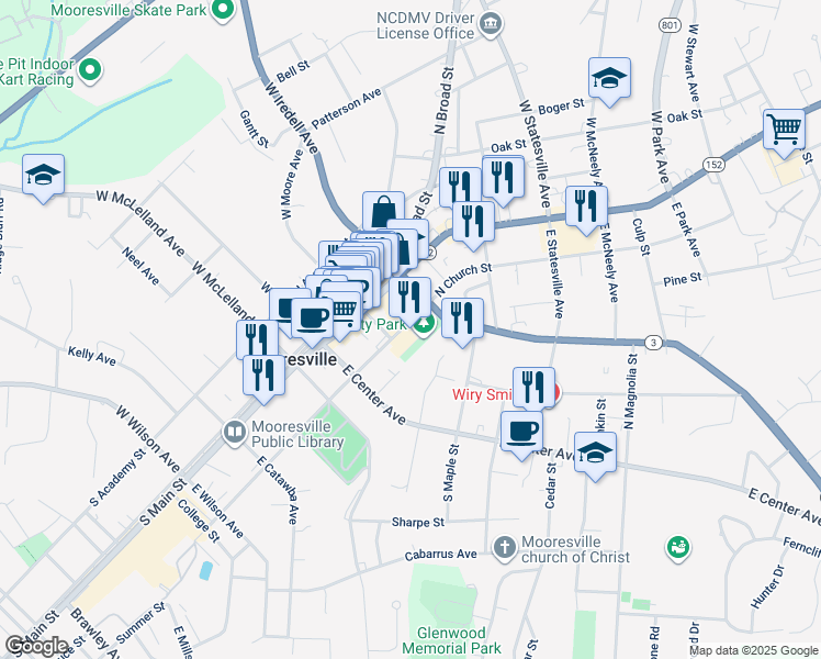 map of restaurants, bars, coffee shops, grocery stores, and more near 201 South Church Street in Mooresville