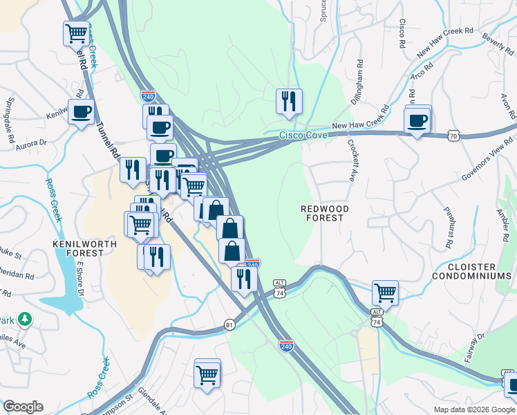 map of restaurants, bars, coffee shops, grocery stores, and more near 67 Shawnee Trail in Asheville