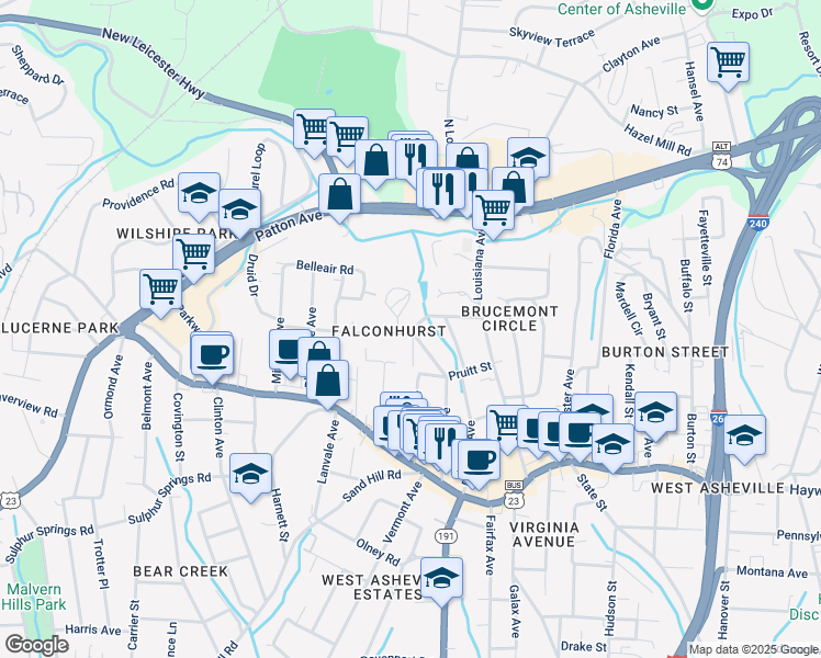 map of restaurants, bars, coffee shops, grocery stores, and more near 65 Tanglewood Drive in Asheville