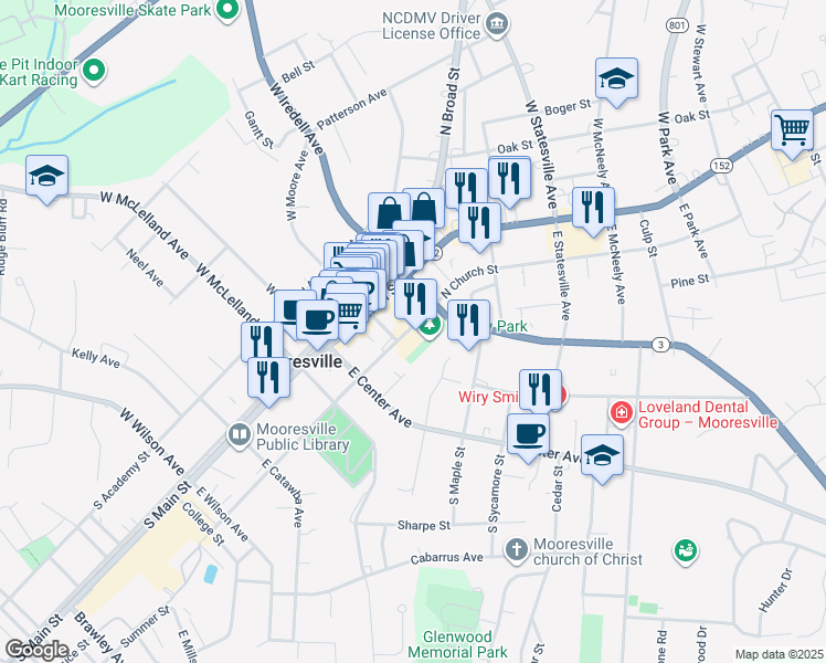 map of restaurants, bars, coffee shops, grocery stores, and more near 20 South Church Street in Mooresville