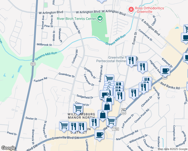 map of restaurants, bars, coffee shops, grocery stores, and more near 213 Singletree Drive in Greenville