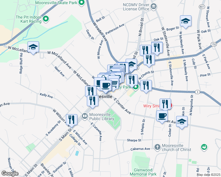 map of restaurants, bars, coffee shops, grocery stores, and more near 126 North Main Street in Mooresville