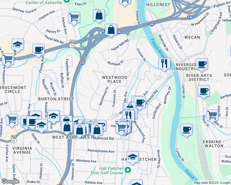 map of restaurants, bars, coffee shops, grocery stores, and more near 75 Tremont Street in Asheville