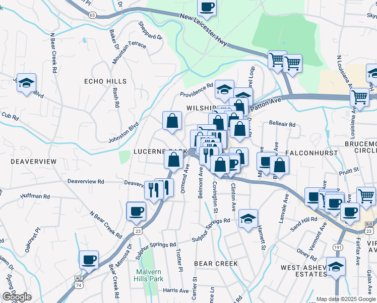 map of restaurants, bars, coffee shops, grocery stores, and more near Patton Ave & Johnston Blvd in Asheville