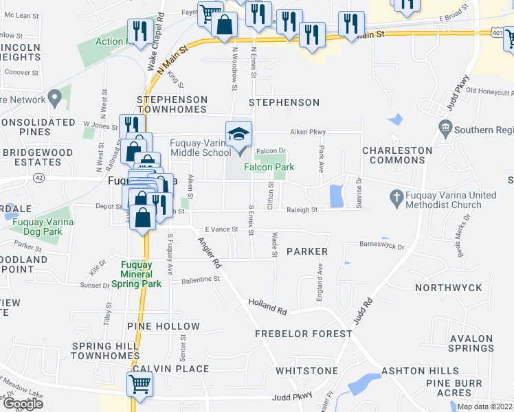 map of restaurants, bars, coffee shops, grocery stores, and more near 501 Raleigh Street in Fuquay-Varina