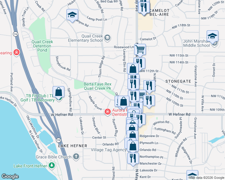 map of restaurants, bars, coffee shops, grocery stores, and more near 11101 Rock Ridge Road in Oklahoma City